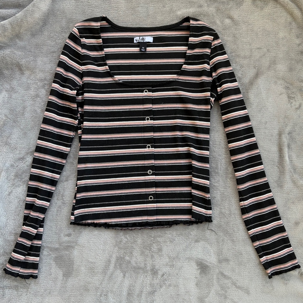 Vylette Long Sleeve Black and Pink Striped Top with Snaps